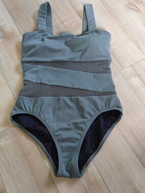 Carmen Marc Valvo One Piece Swimsuit Size 10 Olive Green Mesh Panel Swimwear